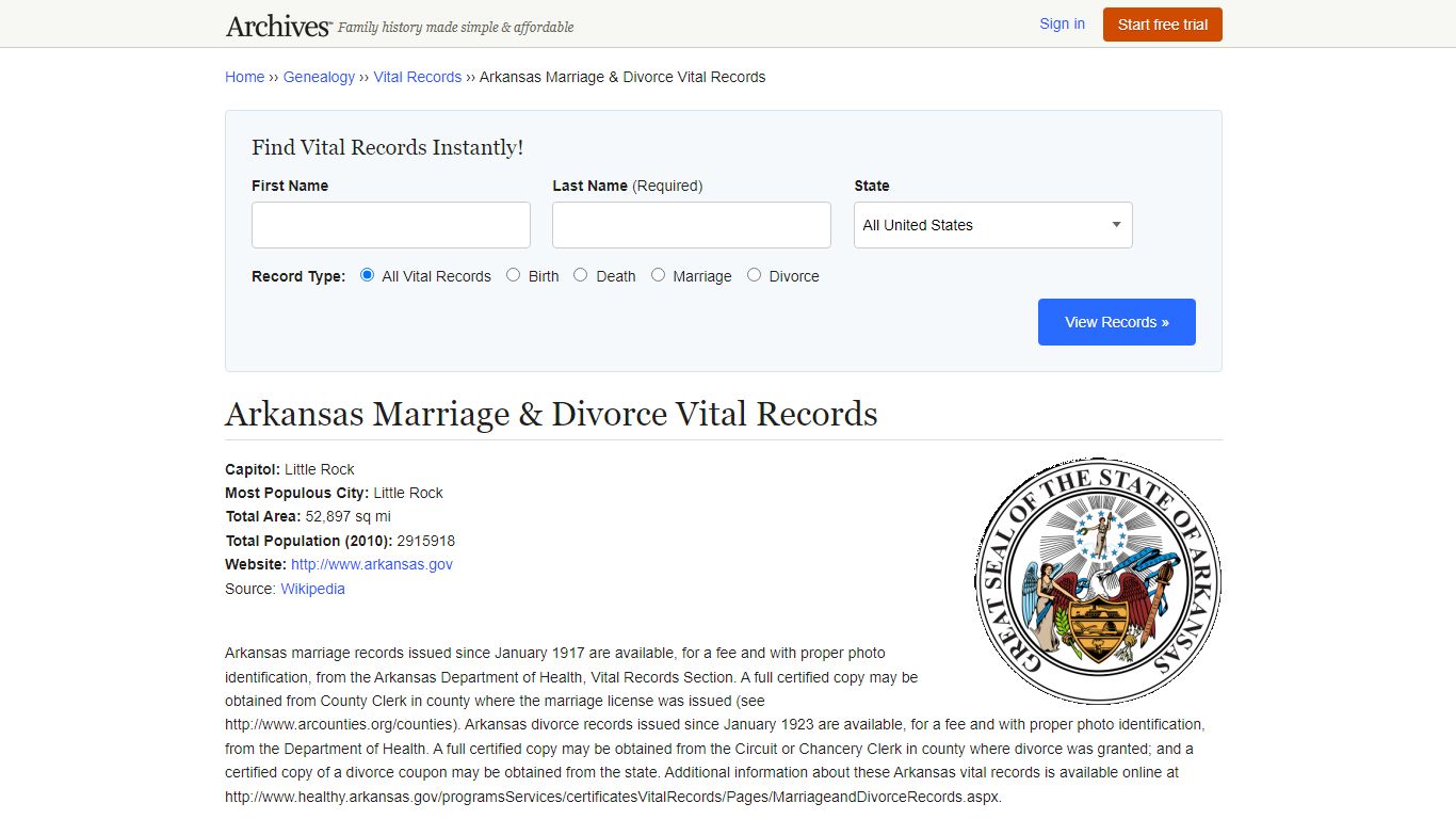 Arkansas Marriage & Divorce Vital Records - Archives.com